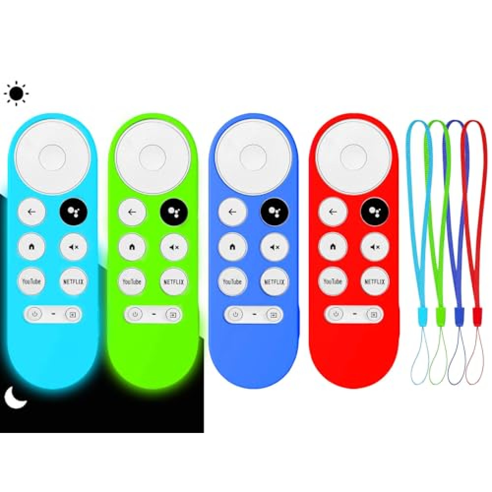 4Pcs Remote Case Cover for Chromecast with Google TV 2020/ HD 2022 Remote, Glow Blue+Glow Green+Red(NO emit Light)+Dark Blue(NO emit Light),with 4 Lanyard, Anti Slip Silicone Protective Case