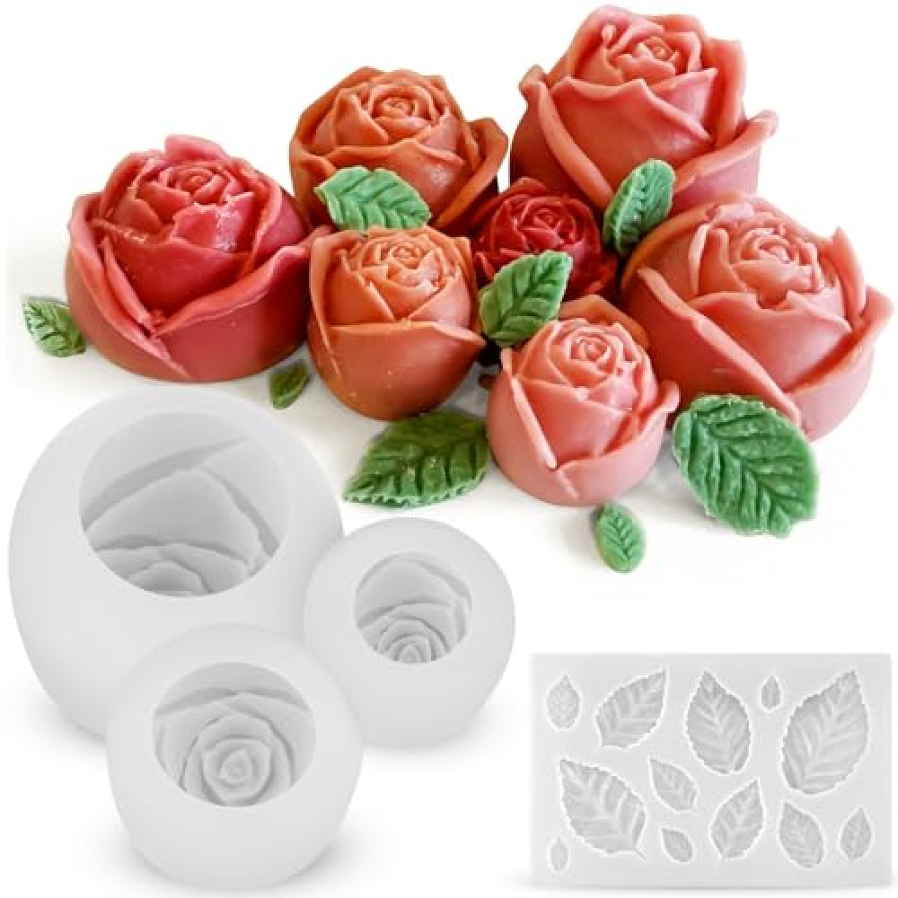 (4Pcs) Roses Candle Molds, 3D Rose Flower Silicone Molds with Leaf Molds for Candle Making, Epoxy Resin Casting, Valentine's Day Mother's Day Marriage Proposal Theme Handmade Soap Home Decor