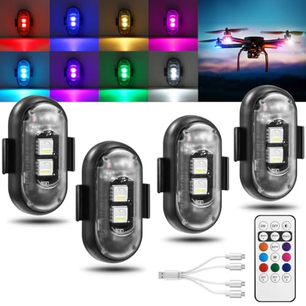 4PCS Wireless LED Strobe Lights With Remote Control, 8 Colors Rechargeable for Car, Waterproof Anti-Collision Emergency Warning Lights for Motorcycle, Bike, Drone, Aircraft