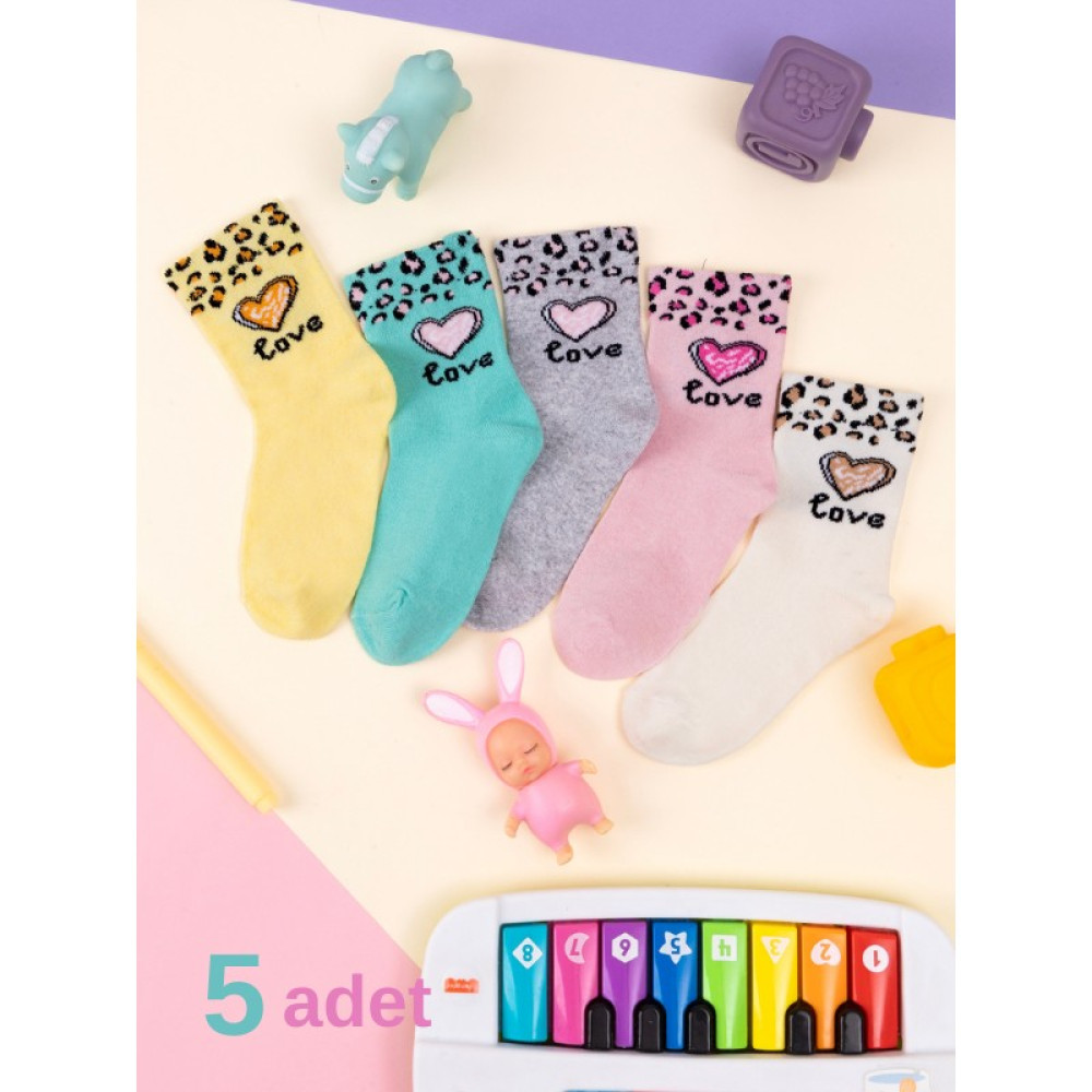 5 Çift Kalp & Leopar Desenli Bebek & Çocuk Çorabı Okul & Gündelik Çorap Kız Çocuk Çorap Fiyatı