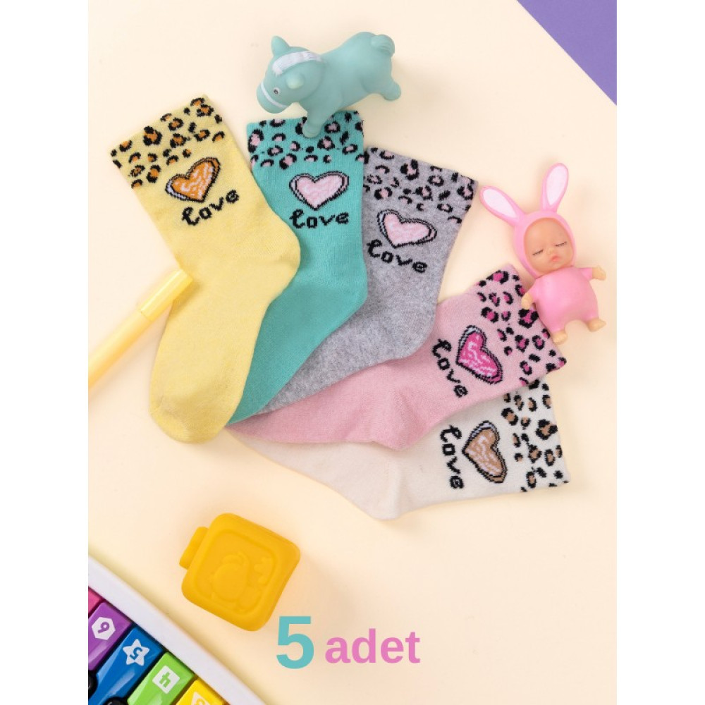 5 Çift Kalp & Leopar Desenli Bebek & Çocuk Çorabı Okul & Gündelik Çorap Kız Çocuk Çorap Fiyatı