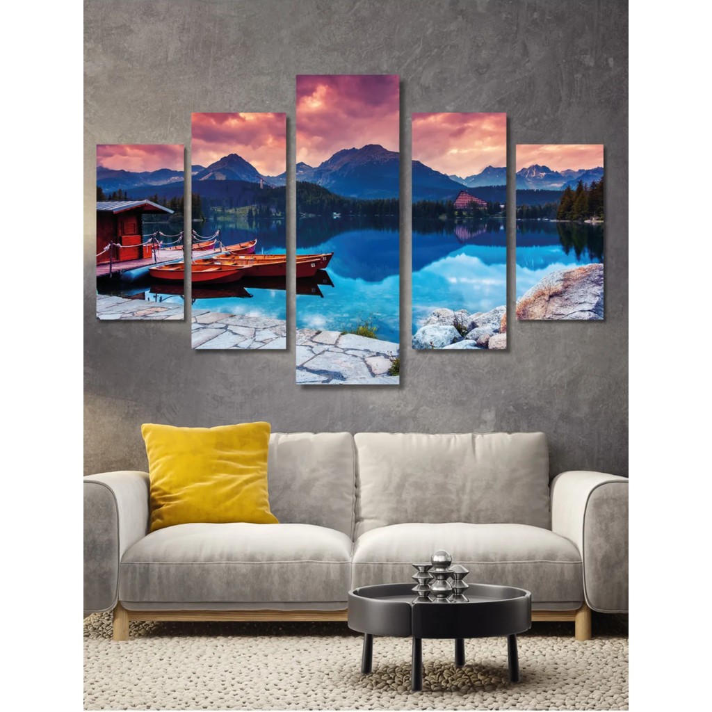 5 Parça Ahşap Göl Kayık Manzara Duvar Dekoru Salon Oturma Yatak Odası Için 110X60CM Tablo Seti - 60 x 100 - Renkli Kanvas Tablo Fiyatı