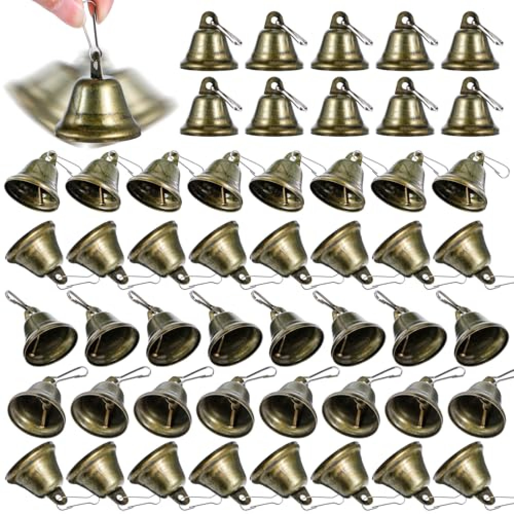 50 Pcs Craft Bells - Bronze & Brass Jingle Bells with Spring Hooks for Wind Chimes, Dog Training, Doorbell, Christmas Tree & Wedding Decor