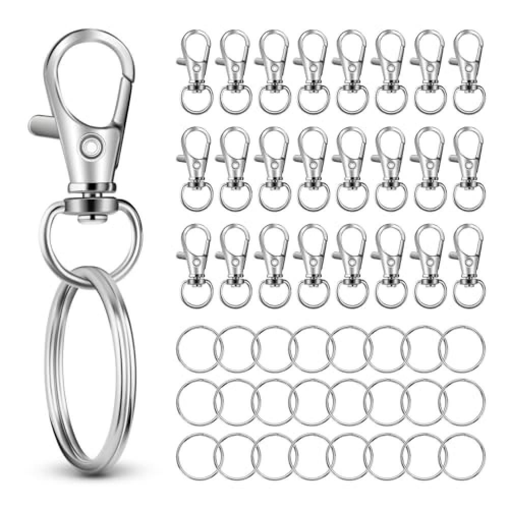 50 PCS in 25 Sets, Metal Swivel Lobster Claw Clasps, Keychain Clip with Large Key Ring, Premium Keychains Clips, Snap Hooks and Sturdy Key Rings, for Key Chain Making Kit，HnoaTovy (Silver)