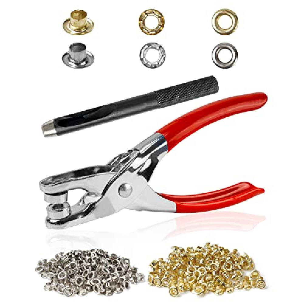 500Pcs 1/4 Inch Grommet Tool Kit, Leather Hole Punch Pliers, Grommets Kit with 500 Metal Eyelets in Gold and Silver for Leather, Shoes, Fabric, Belts