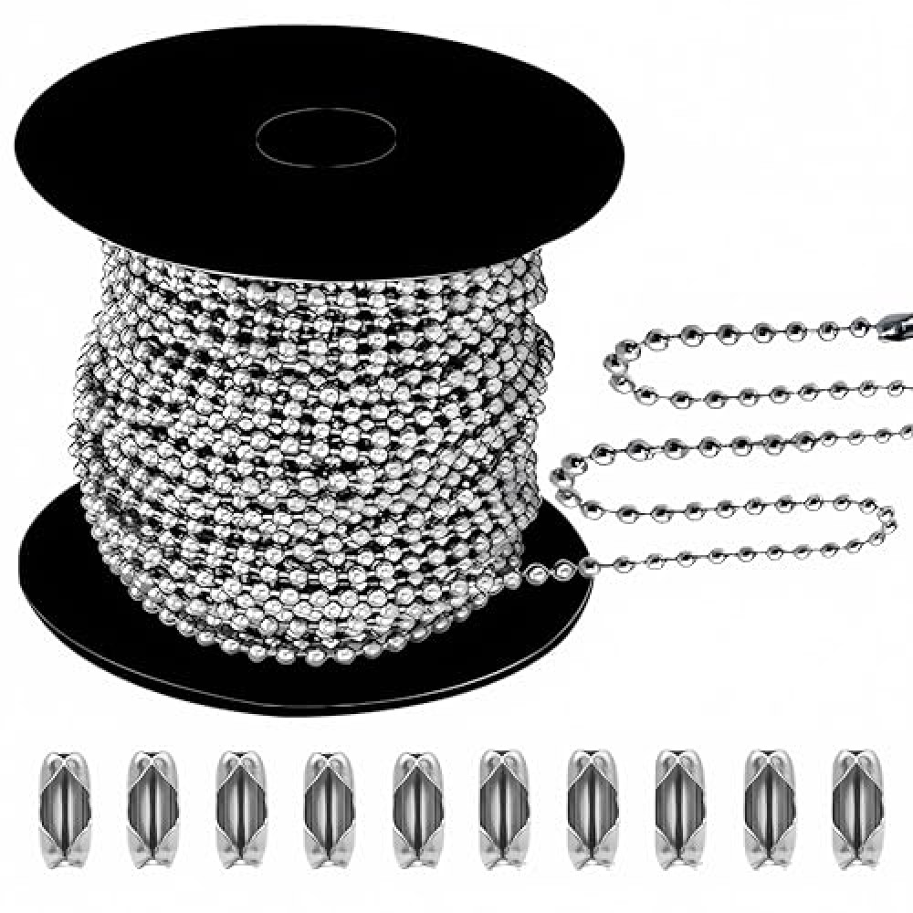 50ft Ball Bead Chain, #10 Stainless Steel Ball Chain, Roller Shade Chain&Vertical Window Blinds, Dog Tag Chain, Bead Chains for Jewelry Making/Crafts & DIY Projects(4.5mm with 10pcs Connectors)