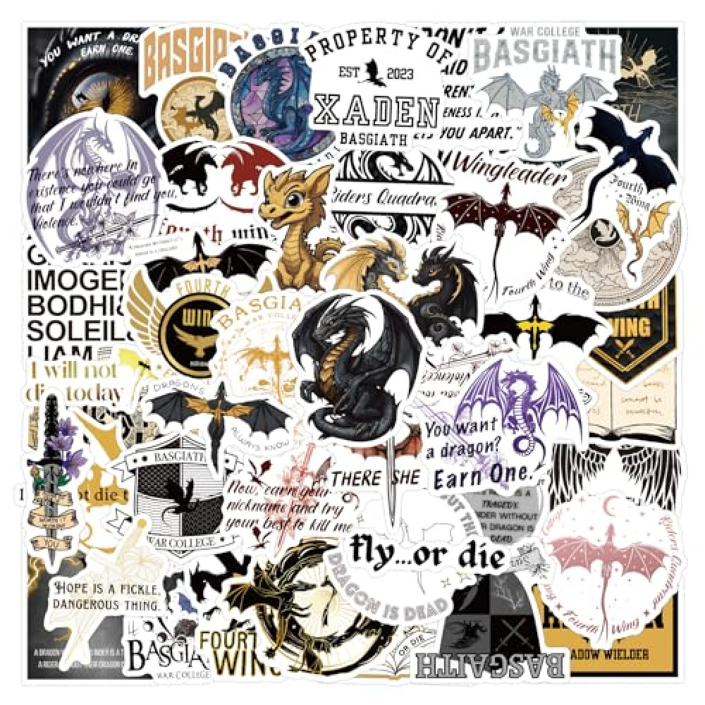 50pcs Fourth Wing Stickers for Water Bottle, Cool Dragon Rider Waterproof Vinyl Decal for Teen Adult Kids Phone Computer Notebook Laptop Travel Case Guitar Skateboard Scrapbook (Fourth Wing)