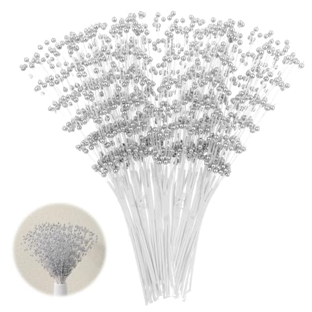 50Pcs Pearl Floral Picks Silver Flowers Stems Bouquets Decorations 4mm Bead String Garland Spray Filler Floral Arrangements Tree Picks Wedding Party Decoration Christmas Tree Picks