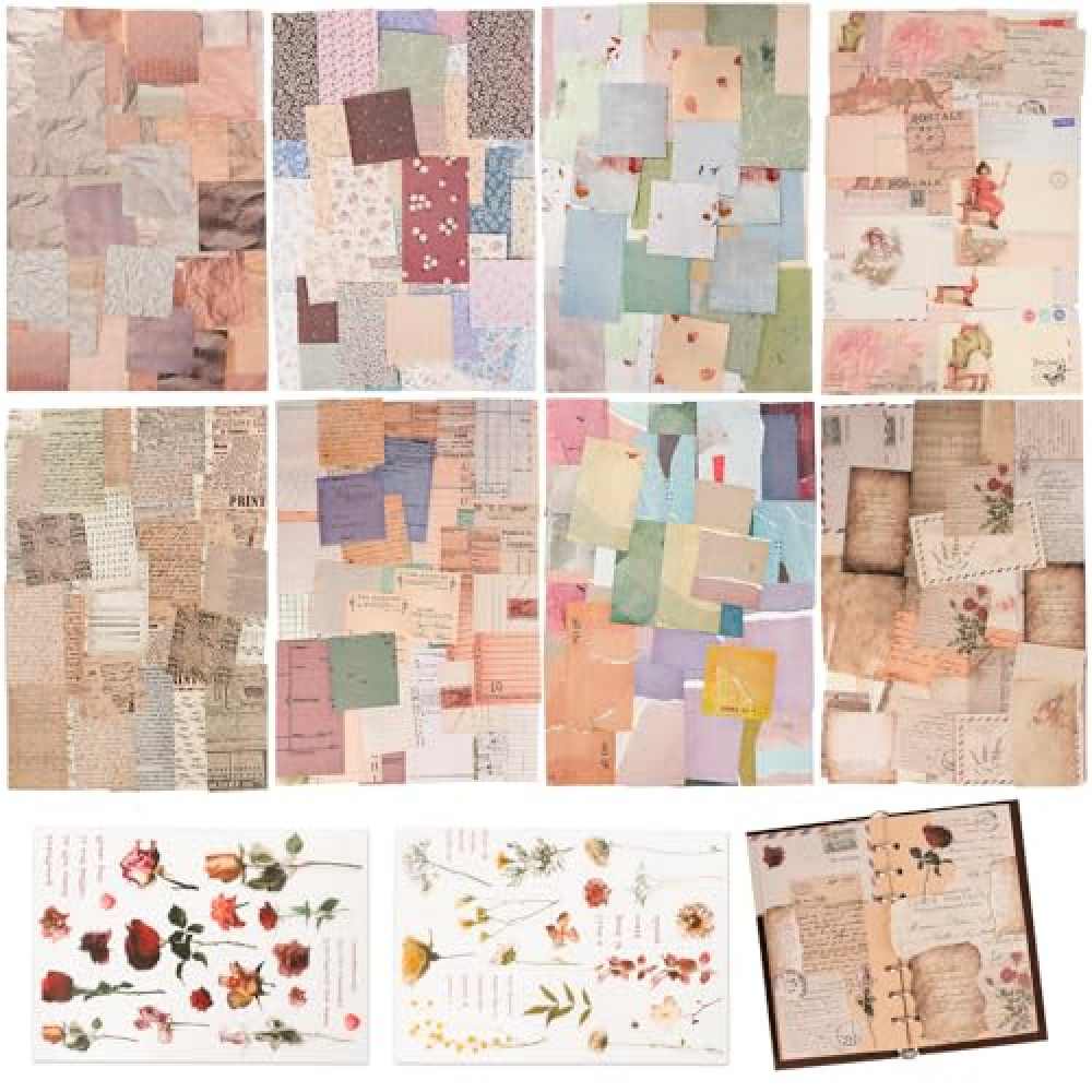 517 Pcs Vintage Scrapbook Paper,Scrapbook Supplies Stickers,Journaling Supplies Kit Include 37 Pcs Flowers Stickers Aesthetic Journal Paper for Planner,Bullet Journaling,Junk Journal