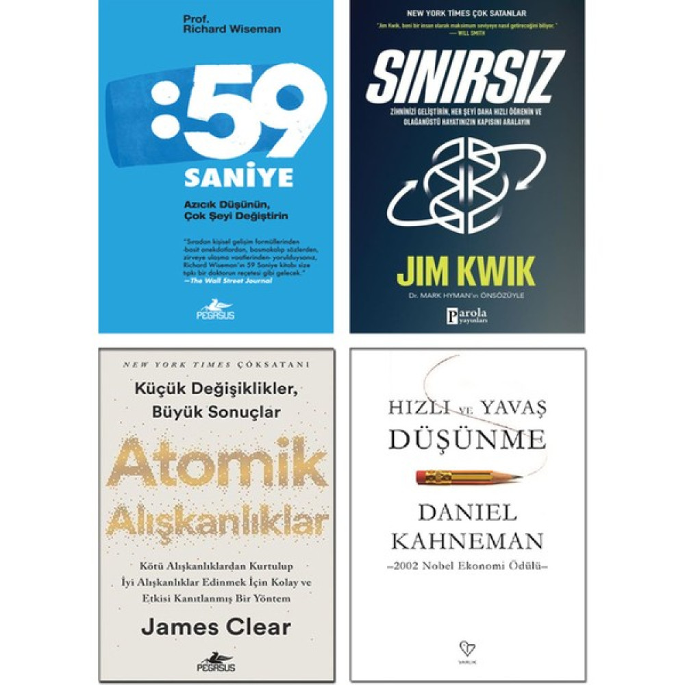 59 Saniye - Richard Wiseman - Sınırsız - Jim Kwik - Atomik Alışkanlıklar - James Clear - Hızlı ve Yavaş Düşünme - Daniel Kahneman – 4’lü Kişisel Ge... Kişisel Gelişim ve Psikoloji Fiyatı