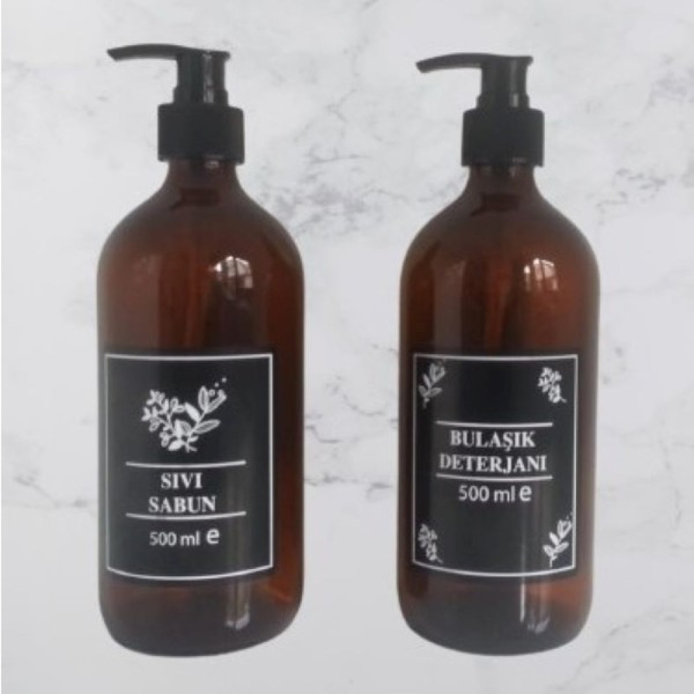 5DM Sıvı Sabun ve Bulaşık Deterjanı Şişe Seti Kehribar (Amber) Renk Büyük Boy - 2 Li Set 500 ML+500 ml - Şeffaf Sabunluk Fiyatı