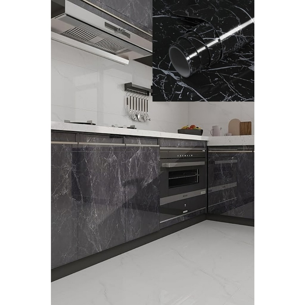 5METRE x 60 cm Mermer Desenli Yapışkanlı Folyo-Mutfak, Banyo ve Mobilya Duvar Kağıdı Yenileme Için Kolay Uygulama - 60 x 500 cm - Siyah Diğer Fiyatı