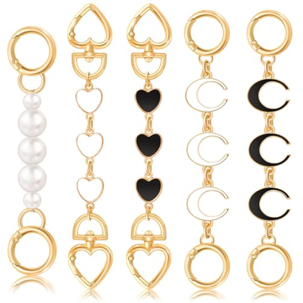 5Pcs Bag Extender Chain （Moon Heart and Pearl）Purse Extender Chains Bag Strap Extender for Handbags Crossbag Shoulder Bag, Metal Gold Chain Replacement White Black Purse Bag Chains Accessories
