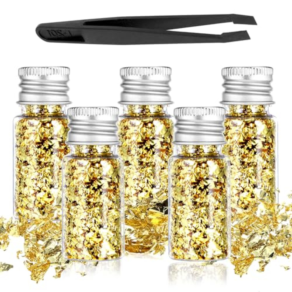 5Pcs Edible Gold Leaf, Gold Flakes Food Gold Leaf Cake Decoration Baking Gold Foil Chocolates Decor for Cooking Dessert Steak Decoration Crafts Painting Nail Arts Spa