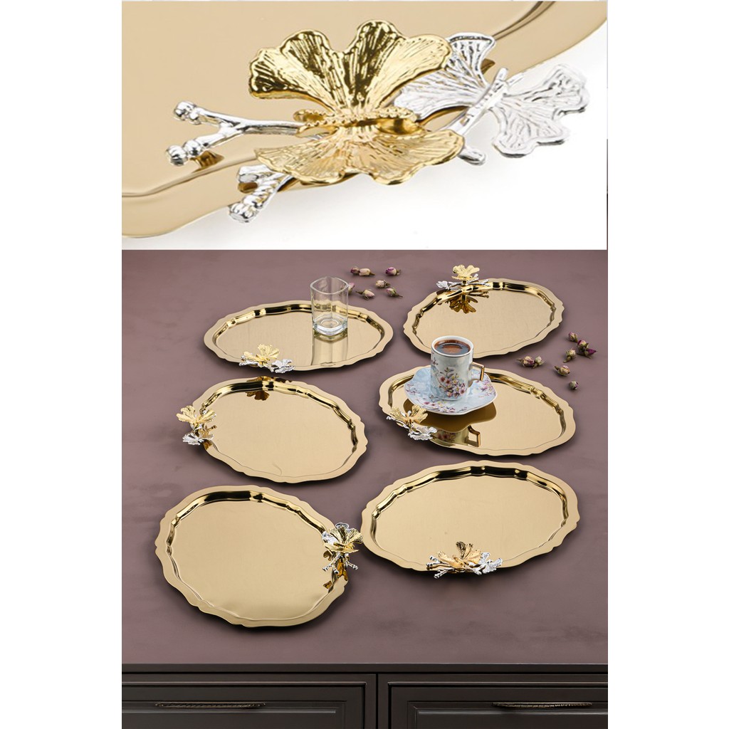 6 Adet Oval Kelebek Aksesuarlı Kahve-Çay Servis ve Sunum Tepsisi 25 cm x 20 cm - Gold Tepsiler / Fırın Kapları Fiyatı