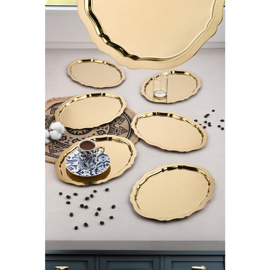 6 Adet Paslanmaz Çelik Oval Dalgalı Sade Kahve ve Sunum Tepsisi 20 cm x 25 cm - Gold Tepsiler / Fırın Kapları Fiyatı