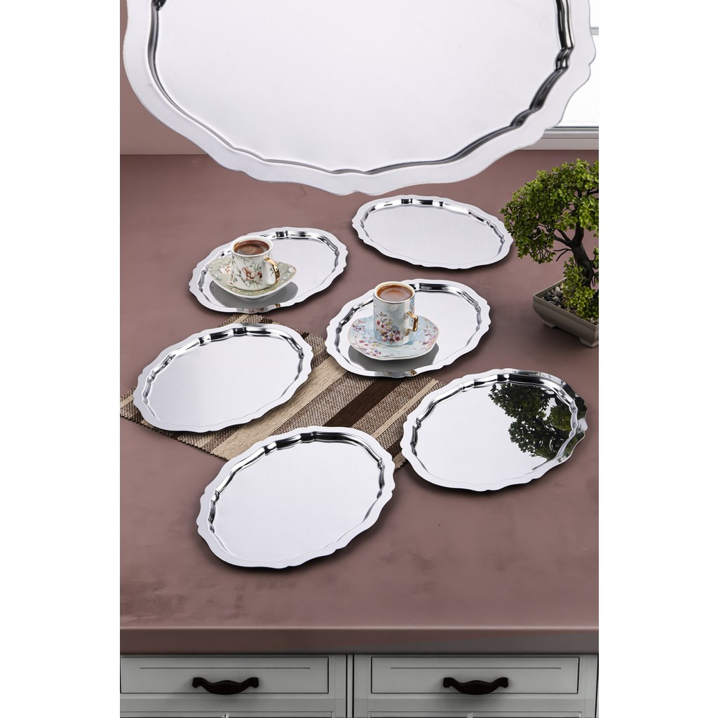 6 Adet Paslanmaz Çelik Oval Dalgalı Sade Kahve ve Sunum Tepsisi 20 cm x 25 cm - Gümüş Tepsiler / Fırın Kapları Fiyatı
