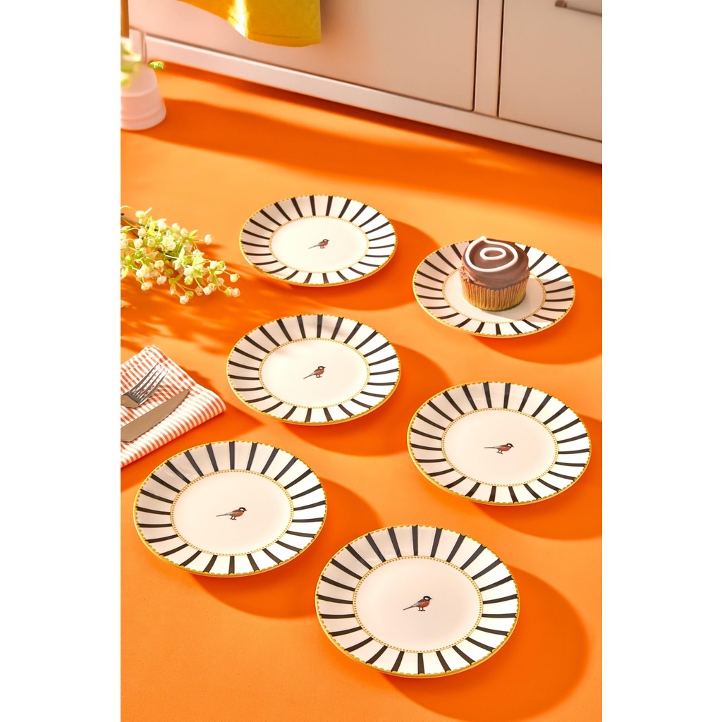 6 Lı Pasta Sunum Tabağı Seti - Lüks Modern Kuş Desenli Çizgili Kek Tatlı Kurabiye Tabak Takımı - 17 cm - 160 ml Evcil Hayvan Ürünleri Fiyatı