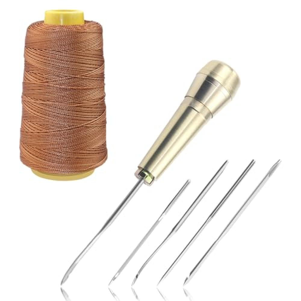 6 Piece Set: Leather Awl Needles With Copper Handle, Nylon Cord, Handmade Repair Tool
