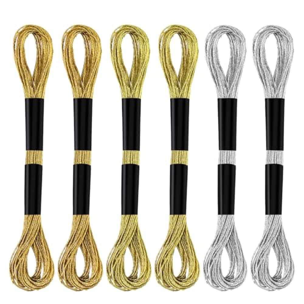 6 Skeins Embroidery Threads, Metallic Embroidery Floss Friendship Bracelet Cross Stitch Thread for Sewing Making Yarn Accessories Craft String Art Supplies (Gold+Light Gold+Silver) Dental Floss Fiyatı