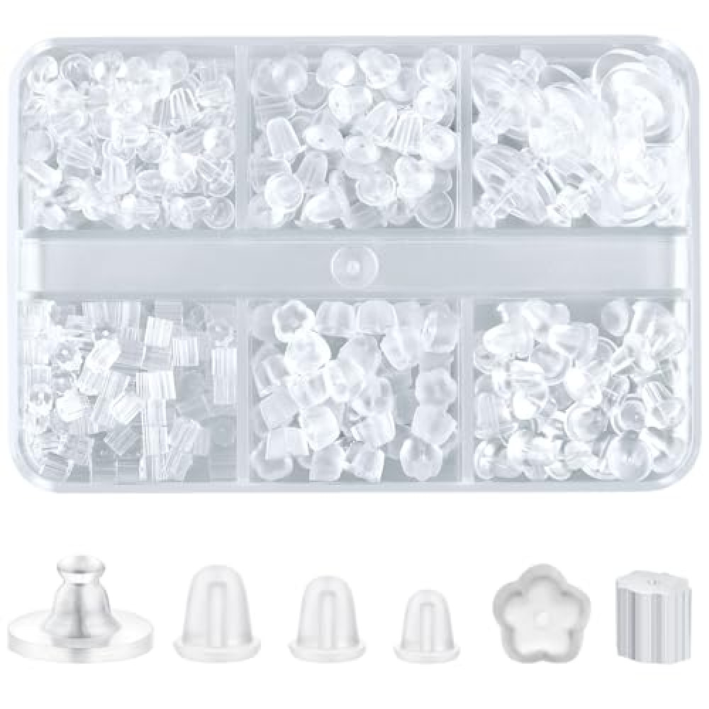 6 Styles Silicone Earring Backs for Studs, 600 Pieces Clear Soft Earring Backs Replacements Hypoallergenic Plastic Rubber Earring Backs Clutch Stoppers Kits for Fish Hook Hoops