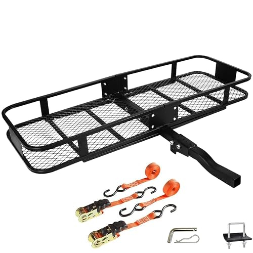 60" 20" 6" Folding Trailer Hitch Mount Cargo Carrier,500LBS Anti-Rust Luggage Rack Basket Roof Rack Car Storage,Straps,Fits 2Fits 2” Receiver Trailer Hitch Mount for RVs, Pickups, Trucks