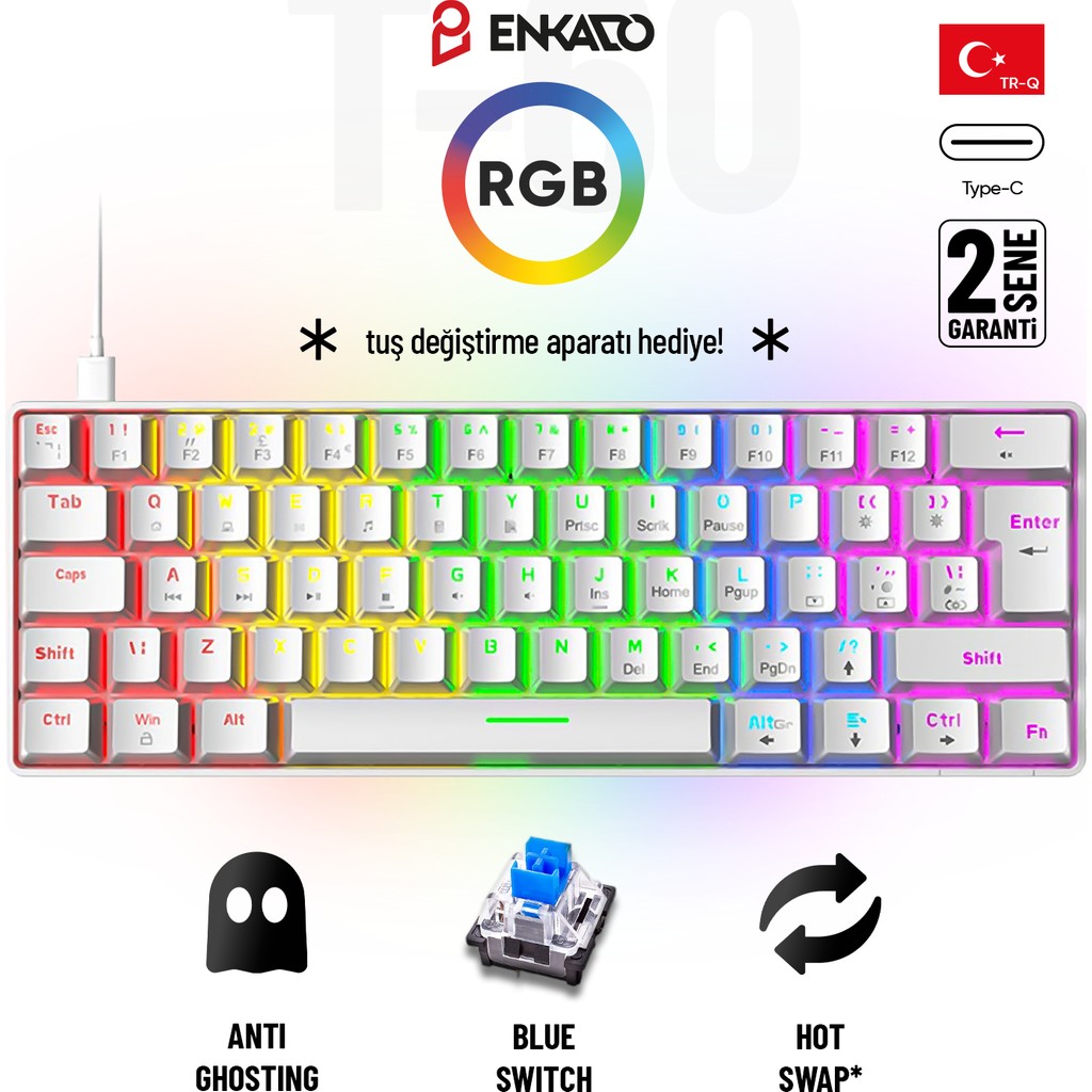 60 Tuş Mekanik Klavye Rgb Aydınlatmalı Oyuncu Klavyesi Blue Switch Q Kablolu Hot Swap Beyaz Klavye Klavye - Mouse Fiyatı