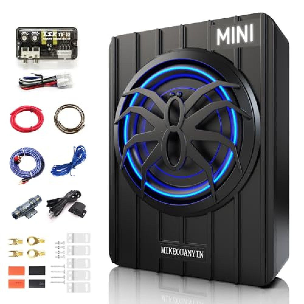 6.5" 1250W Slim MINI Car Subwoofer & Amp Package - Ultra-Compact, Blue Ambient Light, Individual Control for Low Pass/Gain/Boost Bass, Loud Stereo Sound, Deep Bass Perfect for Truck/SUV/Jeep(Black)
