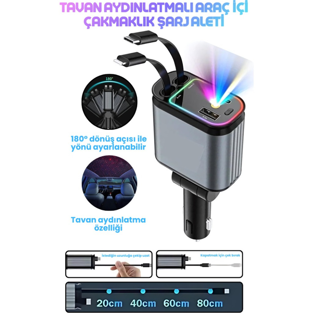 66W Acl LED Işık Tavan Aydınlatmalı 4ın1 Çift Kablolu Hızlı Şarj 3.4A Araç Içi Çakmaklık Şarj Aleti - Gri Cep Telefonu Şarj Cihazı Fiyatı