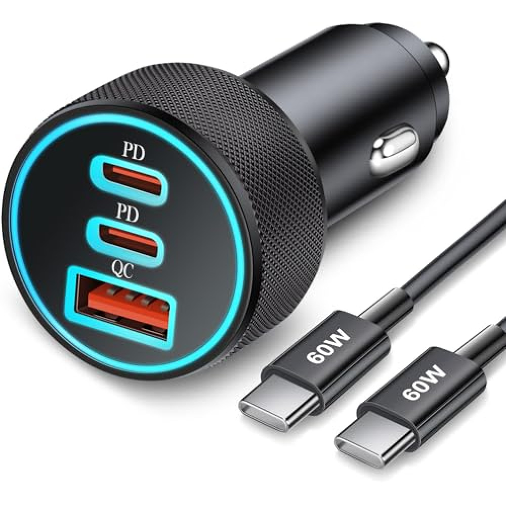 67W 3-Port Super Fast Type C Car Charger USB C for Samsung Galaxy S25 S24 S23 S22 S21 Ultra A54 A53 A15, iPhone 16/15 Pro Max, Android, PD/QC Car Adapter Accessories for Men Women + 3FT USB-C Cable