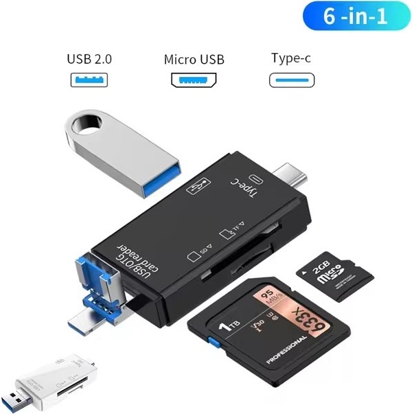6in1 Tablet ve Telefon Uyumlu Sd , Micro Sd Hafıza Kartı ve USB Flash Bellek , Klavye , Mouse Otg Çevirici - Siyah Klavye - Mouse Fiyatı