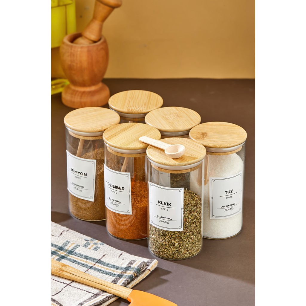 6'lı 300ML Bambu Vakum Kapaklı Kaşıklı Borosilikat Baharat Takımı (Etiket Hediyeli) - Şeffaf - 300 ml Tuz, Şeker, Baharat Fiyatı