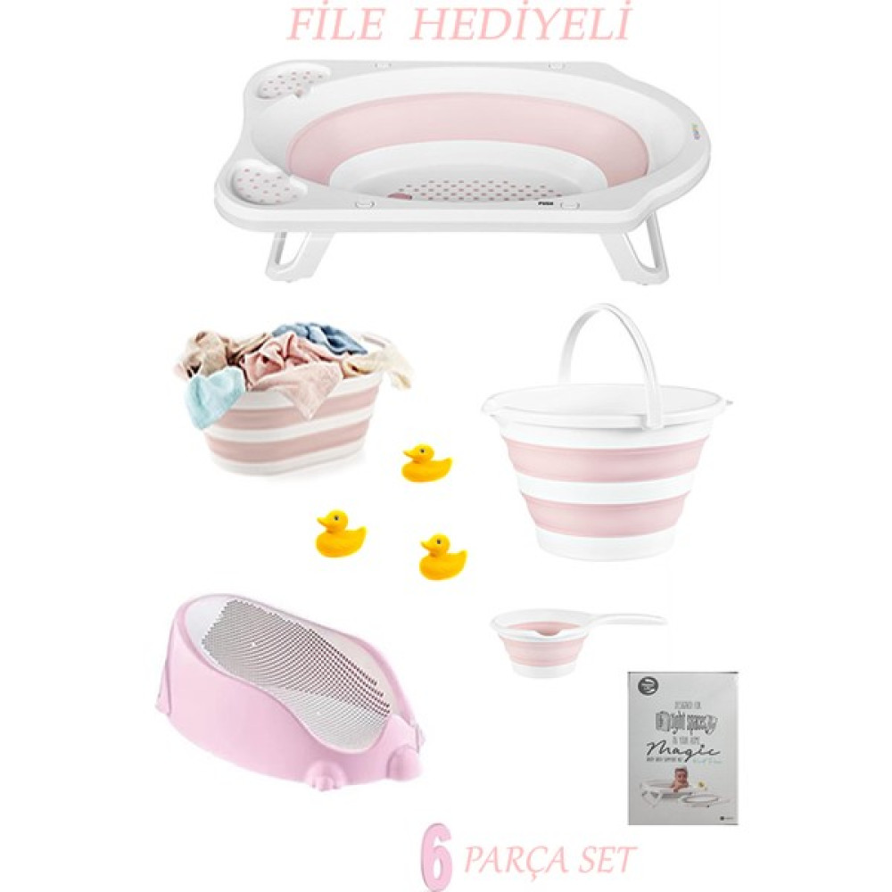 6'lı Bebek Küvet Set (Fileli) Cm-6 Parça Pembe Set Katlanır Bebek Banyo Küveti Fiyatı