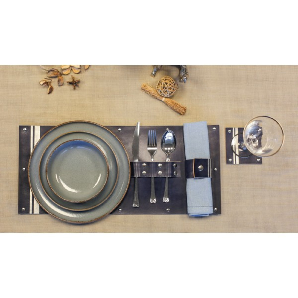 6'lı Hakiki Deri Amerikan Servis Takımı (2'Lİ SET),Lacivert Deri Ve Gümüş Şeritli (FARO SERİSİ) - Renkli - 55 x 24 cm Amerikan Servis Fiyatı