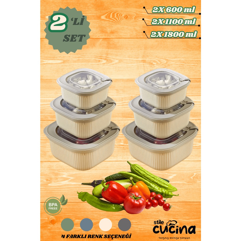 6'lı Mikrodalga ve Difriz Kullanımına Uygun Vakumlu Sızdırmaz Saklama Kabı Seti 2X(600-1100-1800 Ml) - Bej Eşya Saklama / Düzenleme Fiyatı