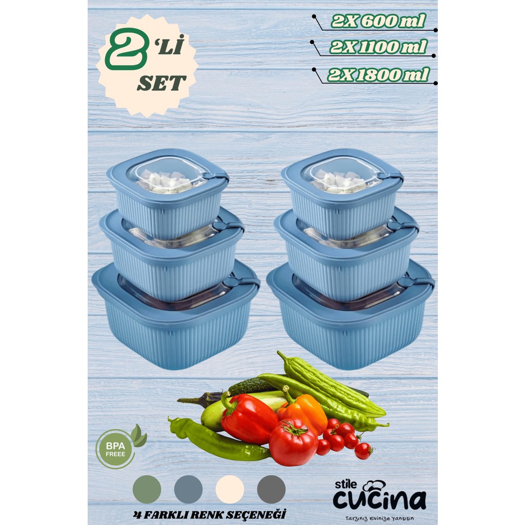 6'lı Mikrodalga ve Difriz Kullanımına Uygun Vakumlu Sızdırmaz Saklama Kabı Seti 2X(600-1100-1800 Ml) - Mavi Eşya Saklama / Düzenleme Fiyatı