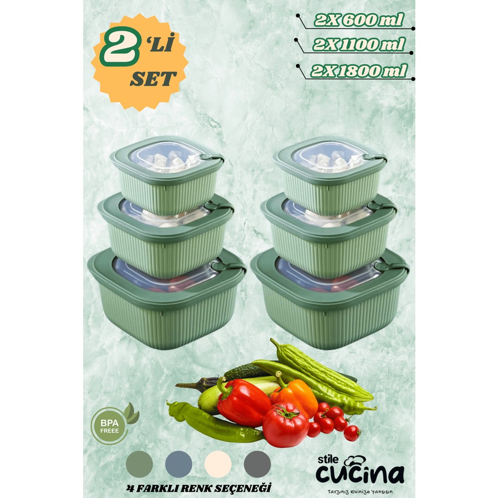 6'lı Mikrodalga ve Difriz Kullanımına Uygun Vakumlu Sızdırmaz Saklama Kabı Seti 2X(600-1100-1800 Ml) - Yeşil Eşya Saklama / Düzenleme Fiyatı