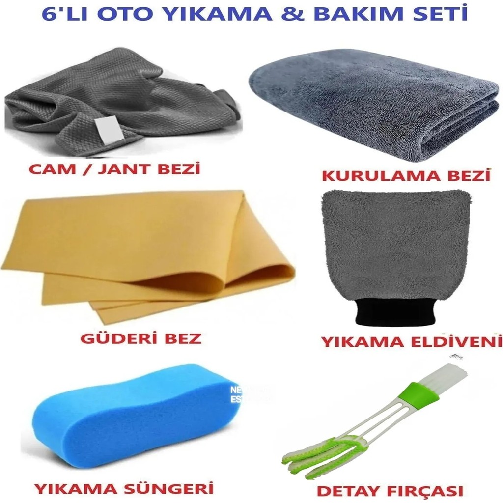 6'lı Mikrofiber Oto Yıkama Seti Kurulama Bezi Cam Bezi Güderi Oto Eldiven Oto Sünger Detay Fırçası Oto Bakım Bezleri Fiyatı