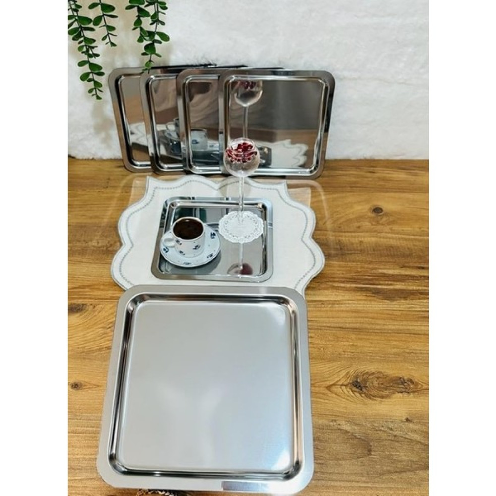 6'lı Paslanmaz Çelik 21X21 Kare Çay, Kahve, Pasta Servis Tepsisi Sunum Tepsisi Servis Tepsisi Fiyatı
