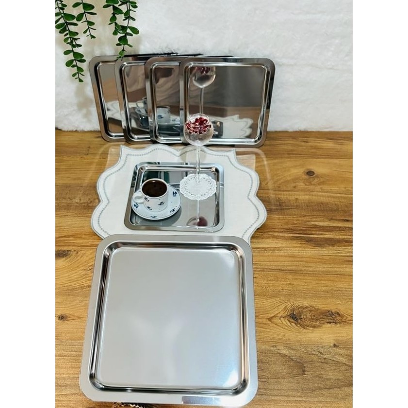 6'lı Paslanmaz Çelik 21X21 Kare Çay, Kahve, Pasta Servis Tepsisi Sunum Tepsisi Servis Tepsisi Fiyatı