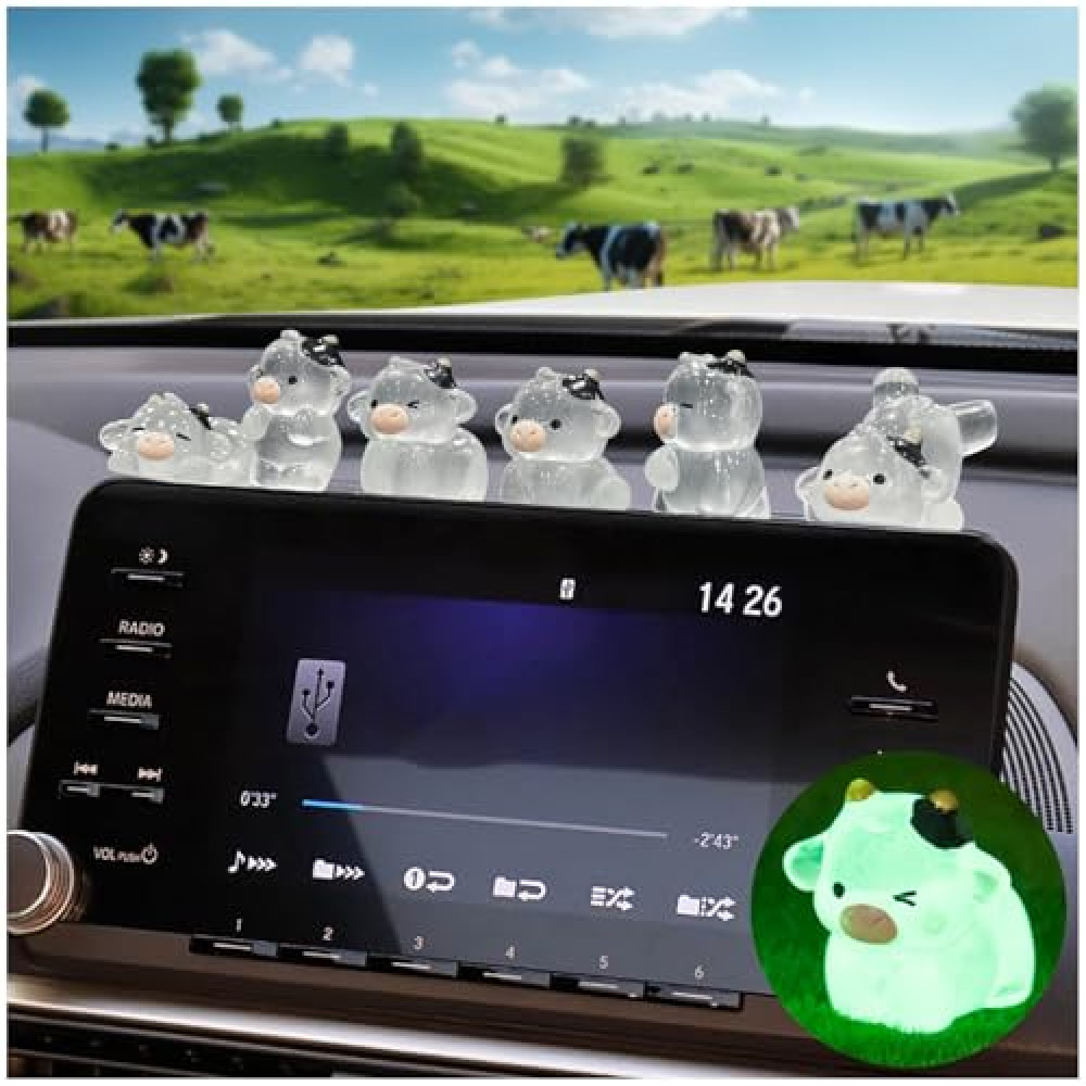 6Pcs Cute Luminous Cow Car Dashboard Decor Set- Cars Rearview Mirror/Dashboard/Touchscreen Top Funny Adorable Auto Rear View Mini Cows Ornament, Cars Interior Accessories for Women Men（Clear White）