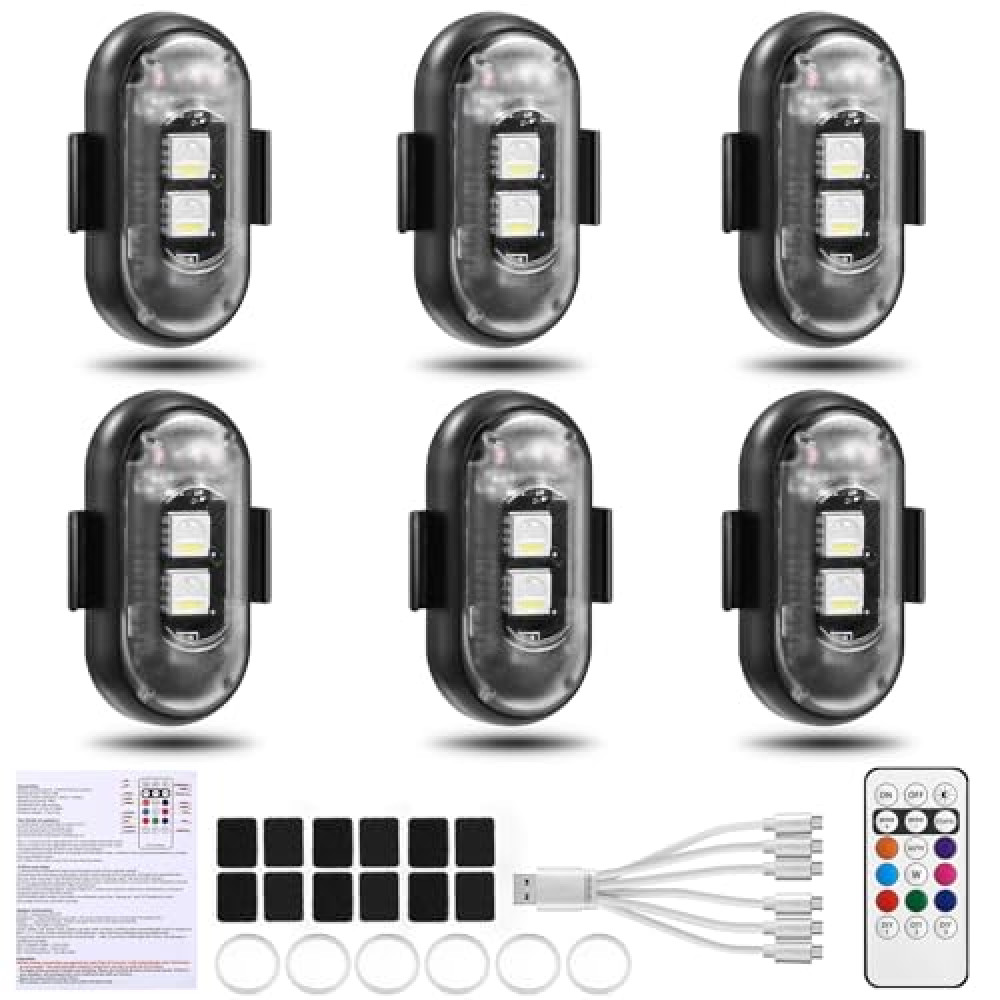 6PCS Wireless LED Lights for Car with Remote Control, Wireless LED Strobe Lights 8 Colors USB Charing IP65 Waterproof Anti-Collision Warning Light for Car Interior Truck Motorcycle Drone Aircraft Bike