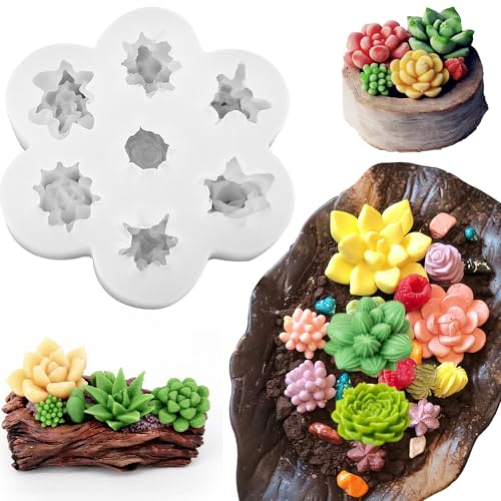 7 Cavity Succulent Candle Mold for Candle Making, 3D Succulents Silicone Molds for Scented Candle Soaps Making, Wax, Resin Casting, Dessert Mousse Cake Decoration