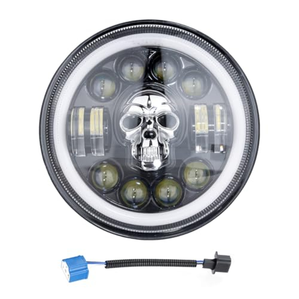 7 Inch Motorcycle LED Headlight Daymaker Compatible with Harley Davidson Touring Softail FLD, SKull Style