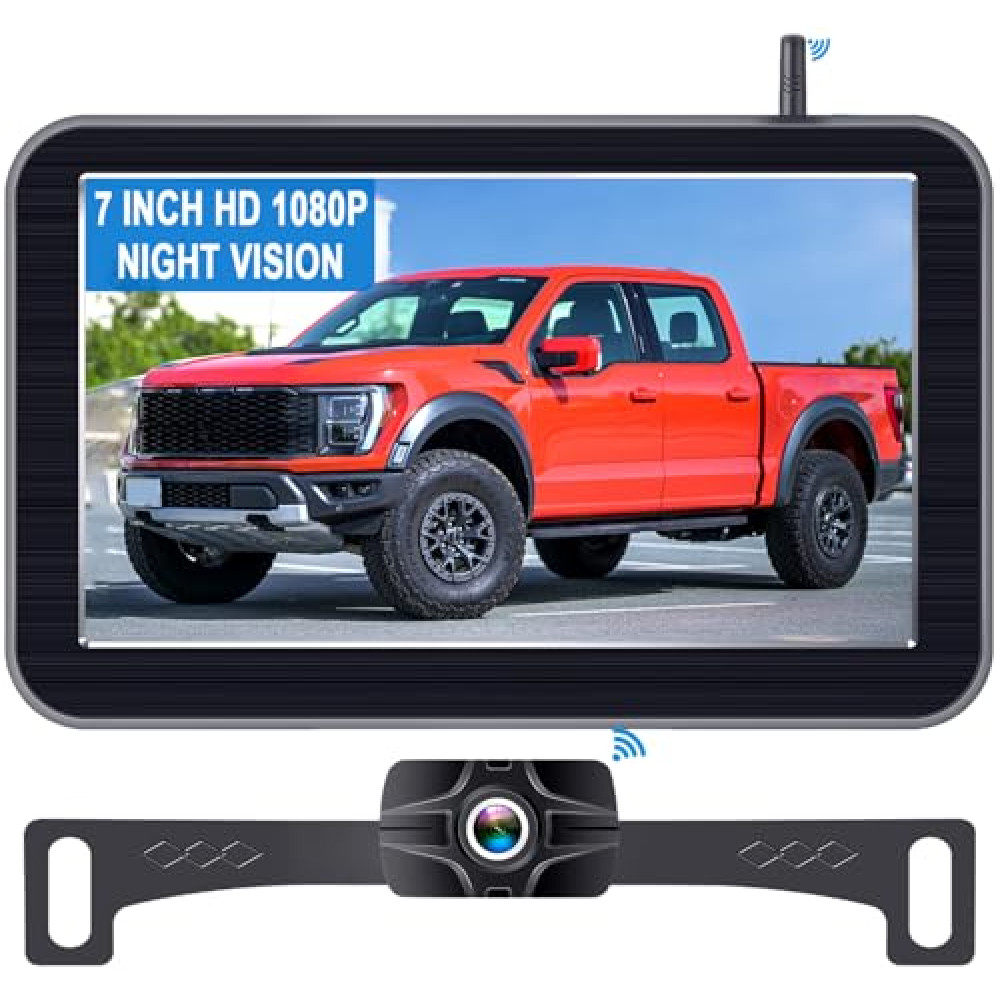 7-Inch Wireless Backup Camera for Truck - 2 Channel, DIY Grid Lines, HD 1080P, Night Vision, IP69K Waterproof, Easy Installation for Trucks, Pickup, Trailer, Cars - Parking Safety & Towing Assistance