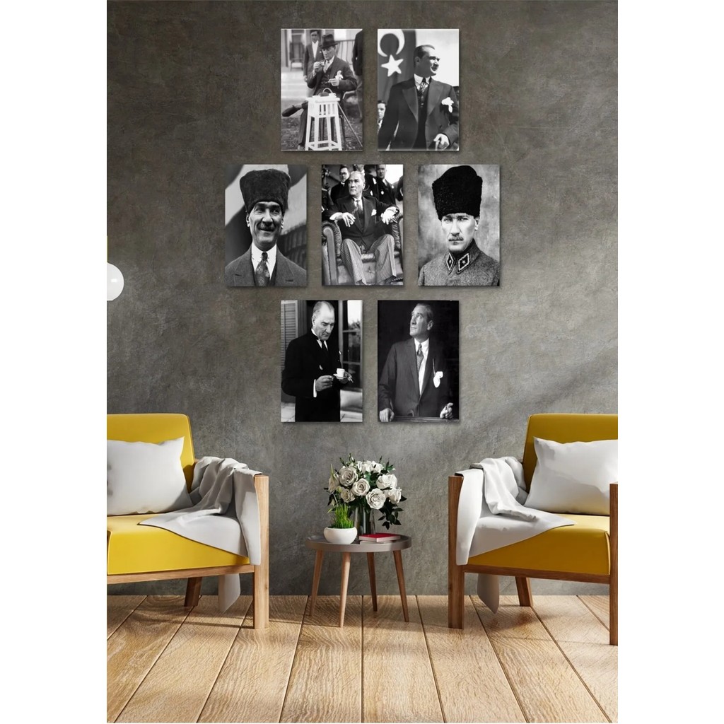 7 Parça Ahşap Atatürk Duvar Dekoru - Salon Oturma Yatak Odası Ofis Antre Için 20X30 Tablo - 20 x 30 Kanvas Tablo Fiyatı
