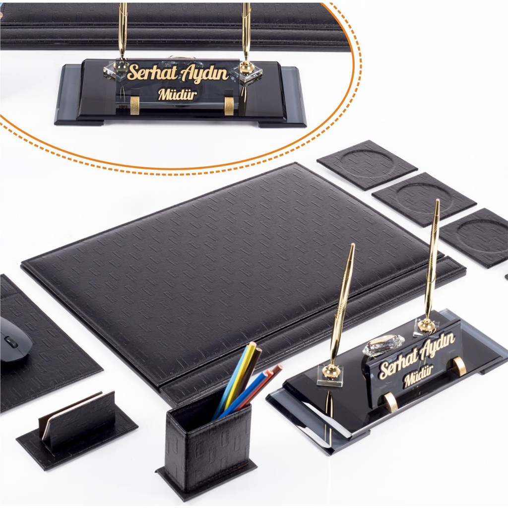 7 Parça Siyah Hasır Desenli Deri Sümen Takımı 55x40 cm – Açılır Kapaklı, Kristal İsimlik ve Çift Kalemli Kalem & Yazı Gereçleri Fiyatı