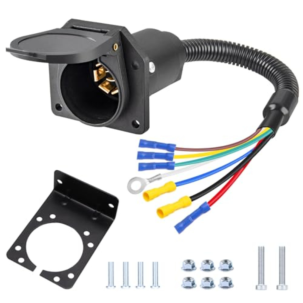 7 Pin Trailer Plug,7 Way Trailer Light Connector Socket,7 Prong Electrical Truck End Wiring Harness Vehicle Side,7 Pin Truck Plug Quick Converter with Mounting Bracket