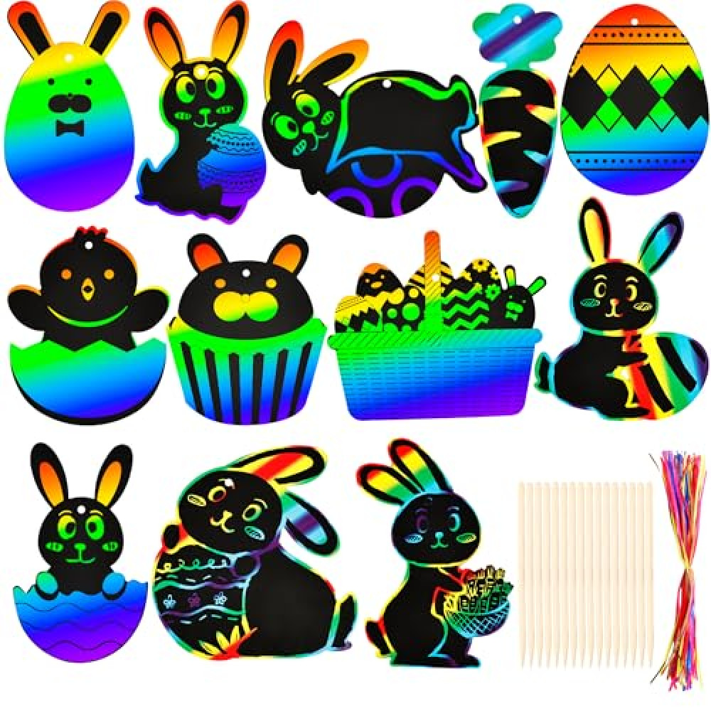 72 Pcs Easter Scratch Art Rainbow Easter Eggs Bunny Scratch Easter Color Scratchers with 40 Pcs Sticks and 40 Ropes for Kids Easter Party Favor Egg Basket Fillers, 12 Styles