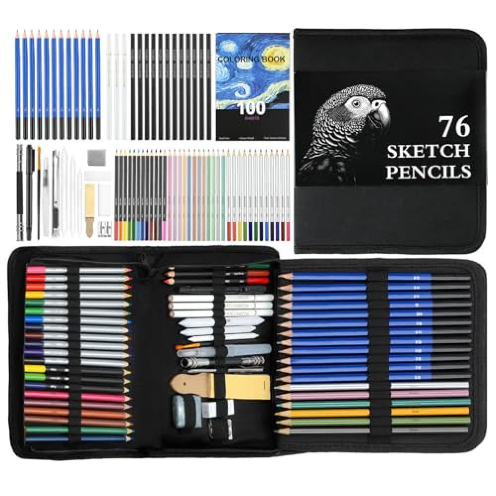 76 Pack Sketching Supplies, Art Supplies Include Graphite Colored Charcoal Watercolor & Metallic Pencils, Sketching Kit with 3-Color Sketchbook, Drawing Kit Gift for Kids Teens Adults Beginner Artists